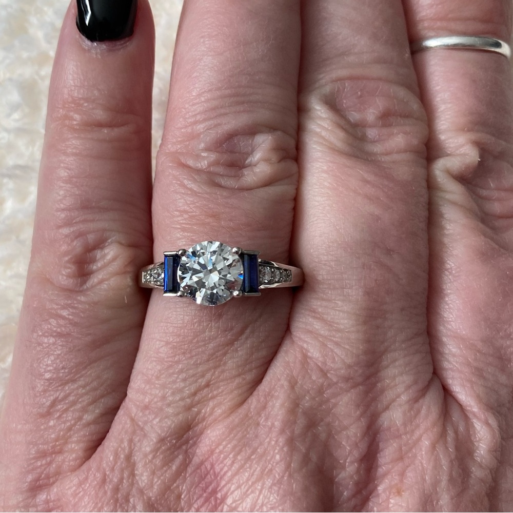 Diamonique & Simulated
Sapphire Ring, PlatinumClad
Size 9